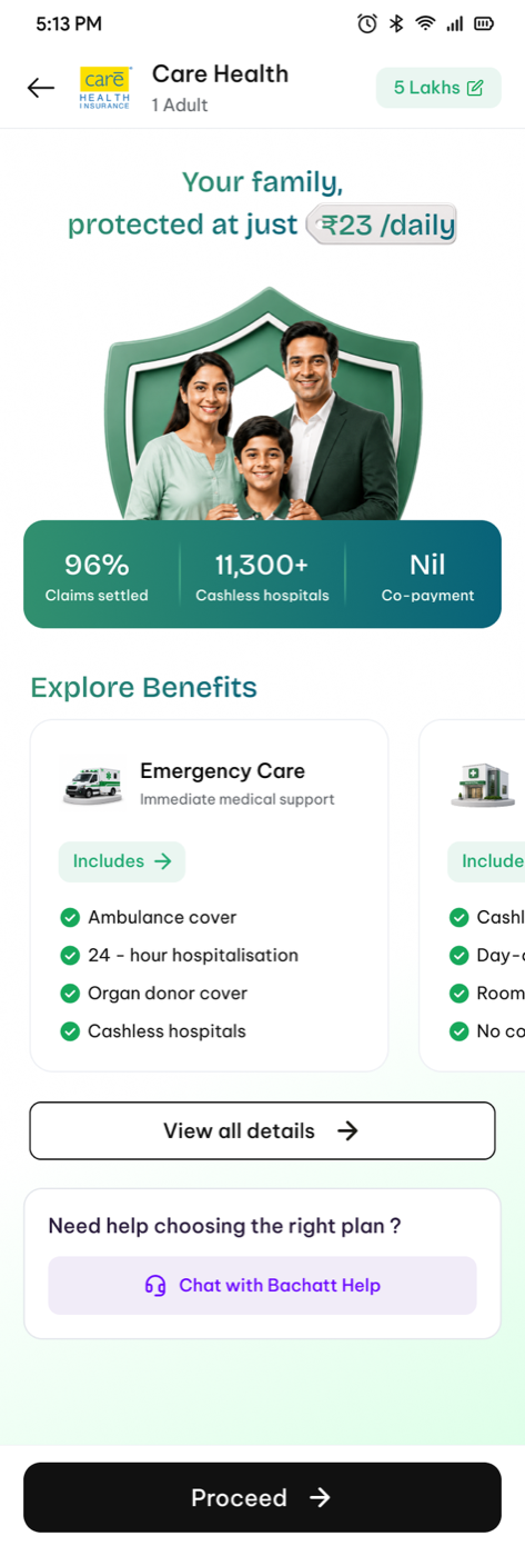 Care Health insurance plan in the Bachatt app